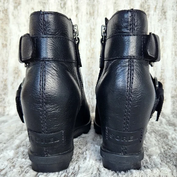 Sorel "Joan of Arctic Wedge II Buckle Bootie" WP Black Leather | Women's Size 8 - Picture 7 of 14